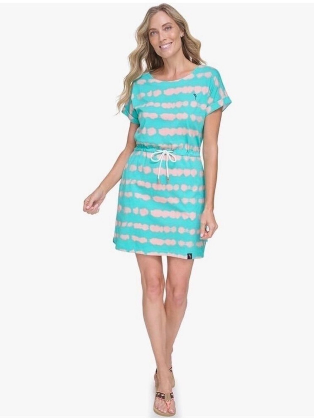 Beachy jersey cotton Dress Turquoise peach drawstring waist XL pockets Casual